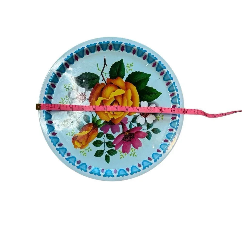 Vintage Elite Tray Made in England Aluminum Rose print 12.5” round